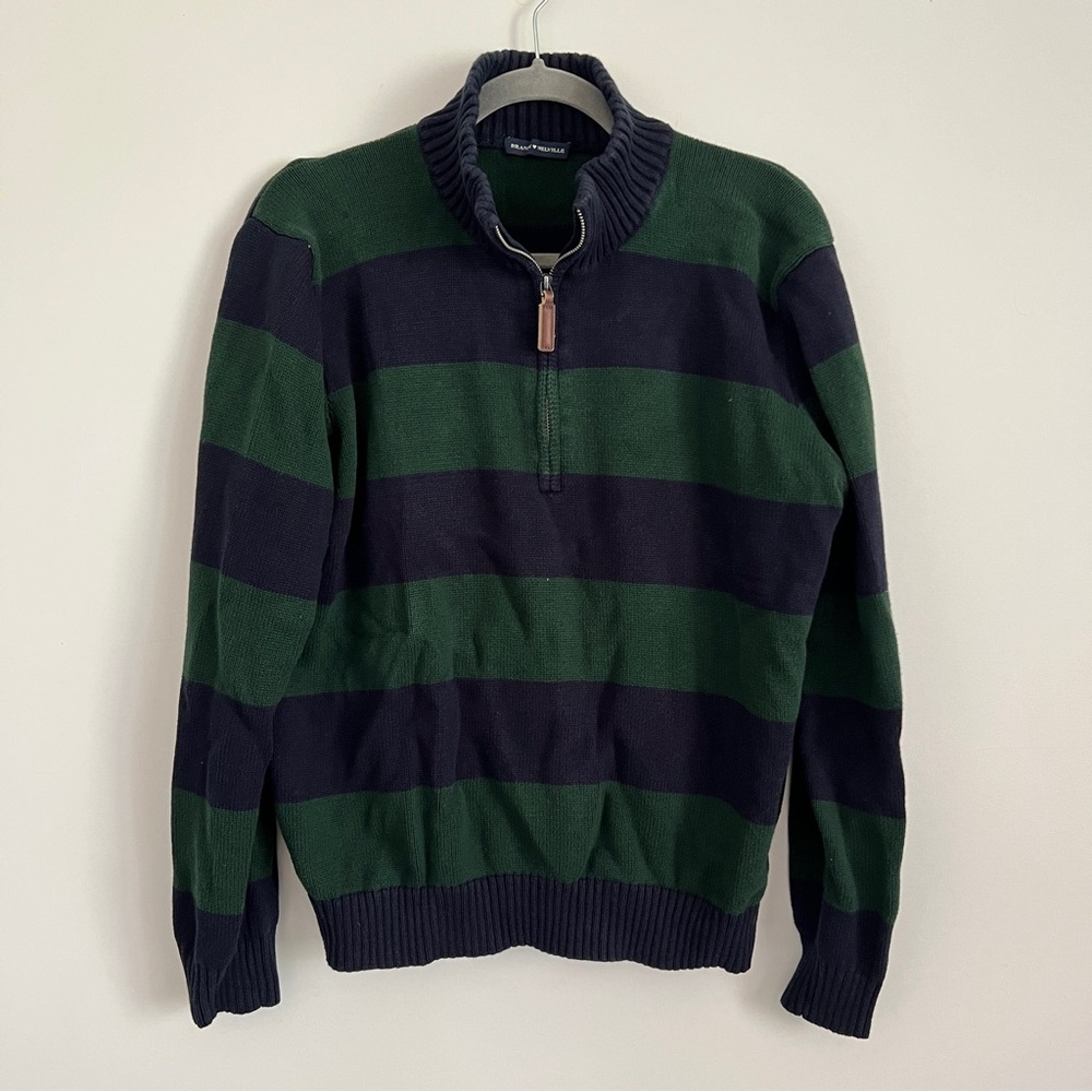 Brandy Melville Navy Blue and Green Striped Quarter Zip Cotton Sweater